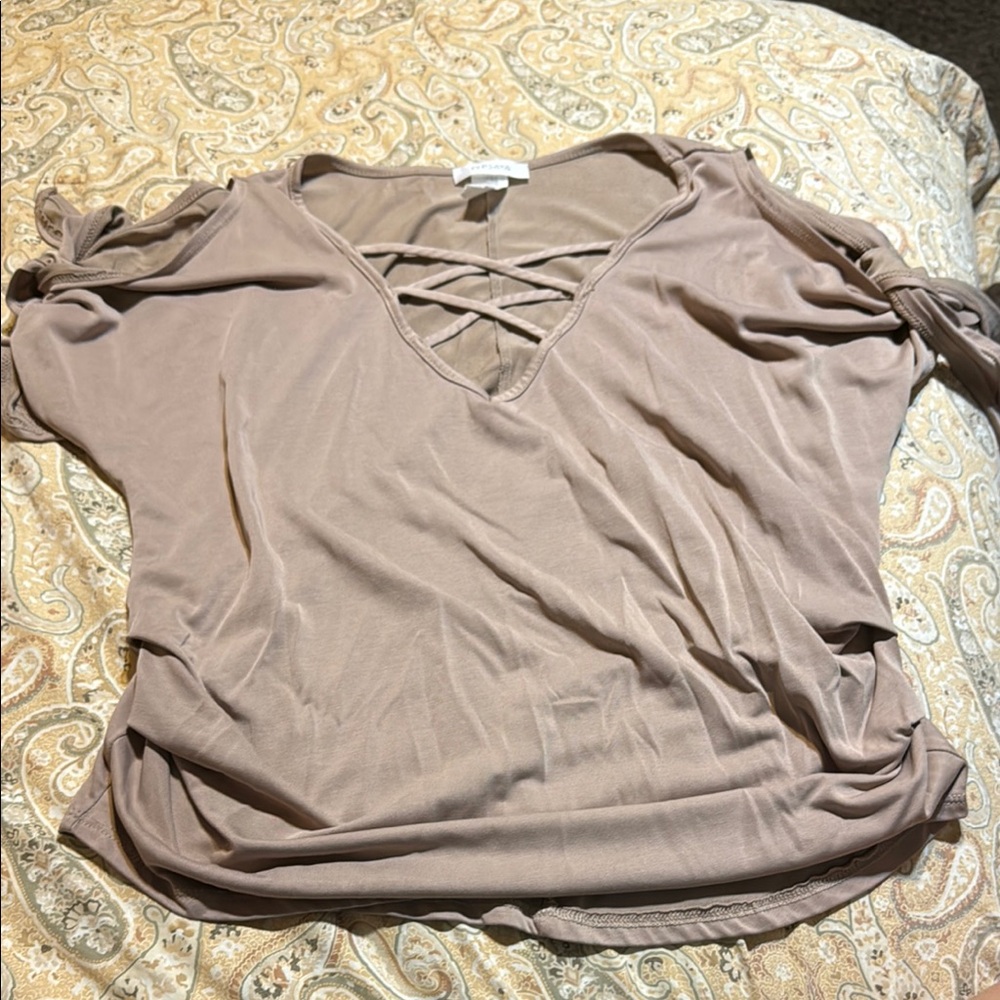 Persaya Tan Short Sleeve Tie Front Blouse